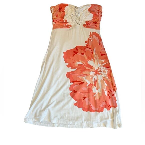 LE CHATEAU Strapless Cream & Floral Graphic Stretch Lined Dress XS - Picture 1 of 10